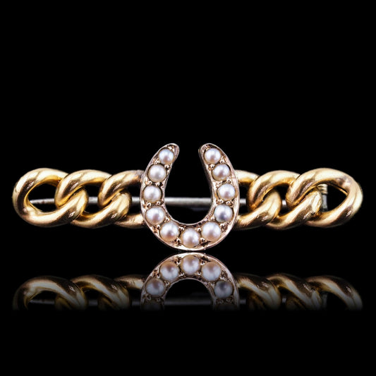 Antique Victorian Horseshoe Pearl Brooch 15K Gold - c.1900