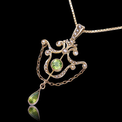 Antique Edwardian Peridot and Seed Pearl Pendant Necklace 9ct Gold - 1909
