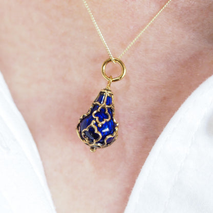 Antique Blue Enamel Guilloche Drop Pendant in 15ct Gold