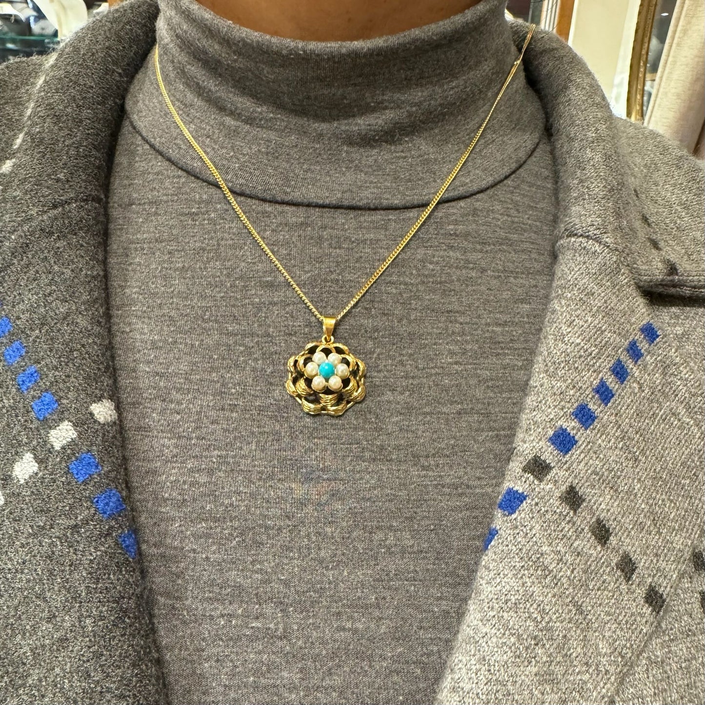 Vintage 14 Carat Yellow Gold, Turquoise and Pearl Cluster Pendant