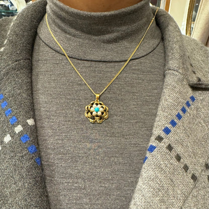 Vintage 14 Carat Yellow Gold, Turquoise and Pearl Cluster Pendant