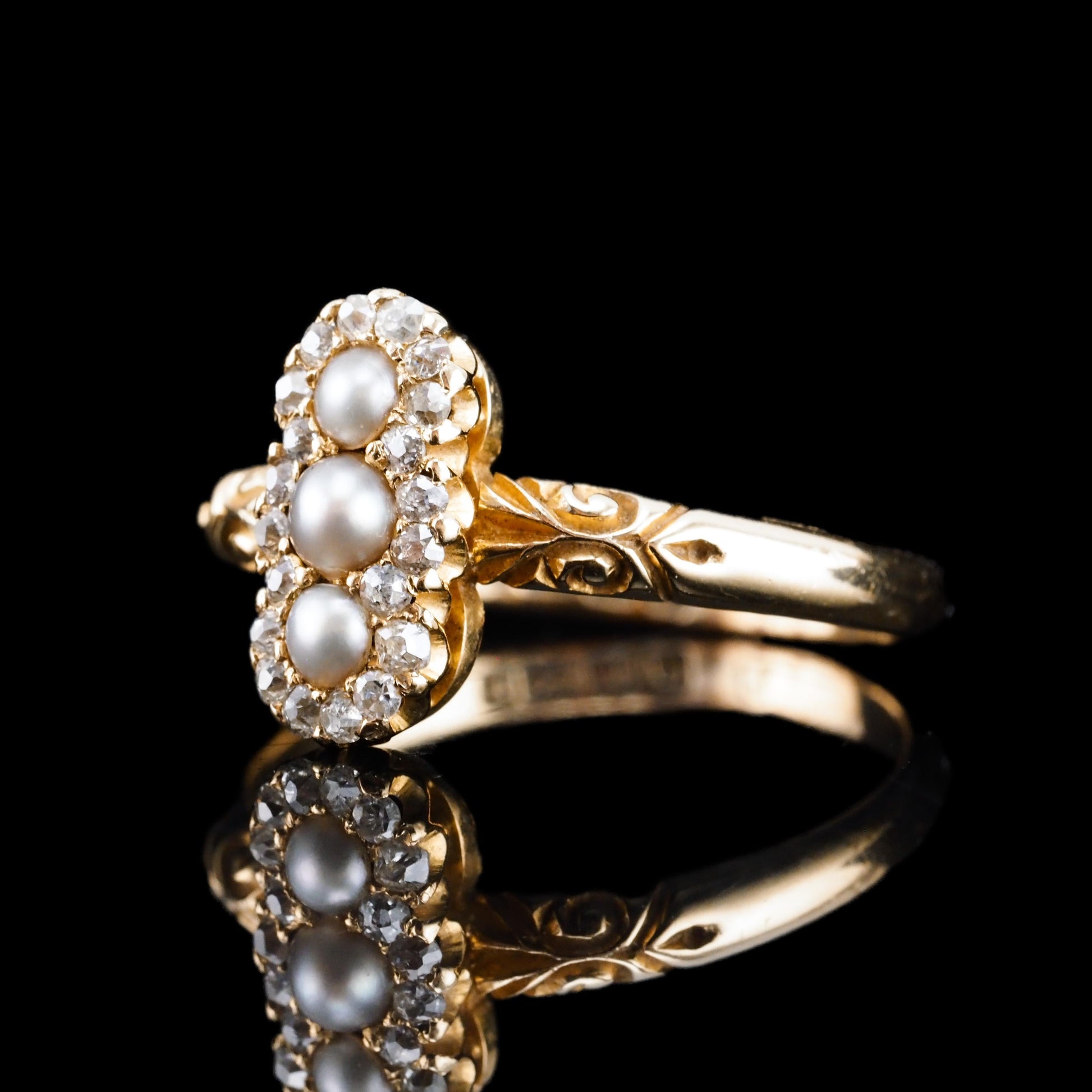 Antique Victorian Diamond and Pearl Triple Cluster Ring 18ct Gold - c.1900