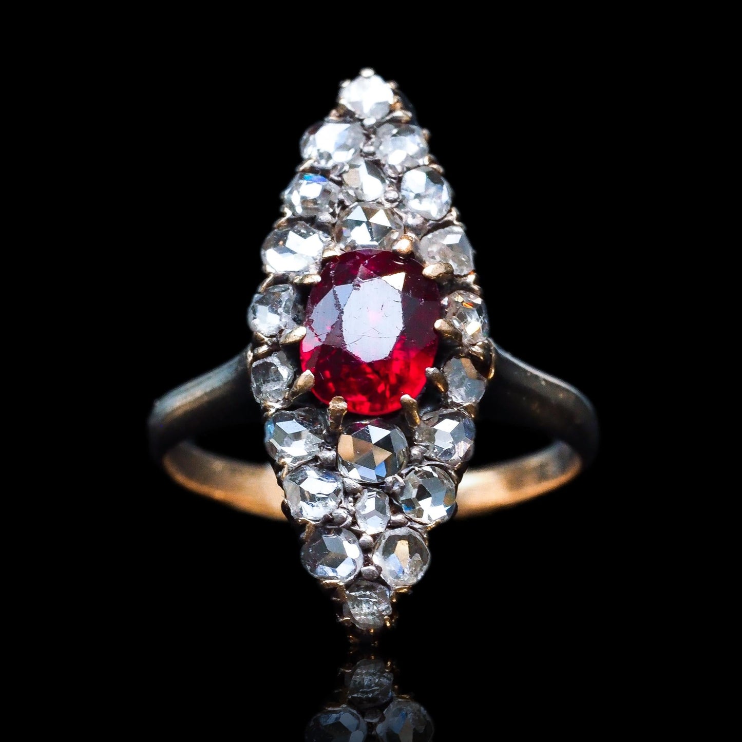 Antique French Natural No Heat Ruby and Old Cut Diamond Navette Cluster Ring, Circa 1890