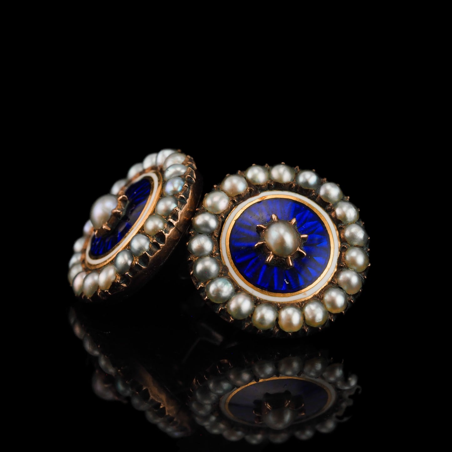 Antique Georgian Gold Earrings with Blue Enamel Guilloche and Seed Pearl Cluster 'Target' Design - c.1800