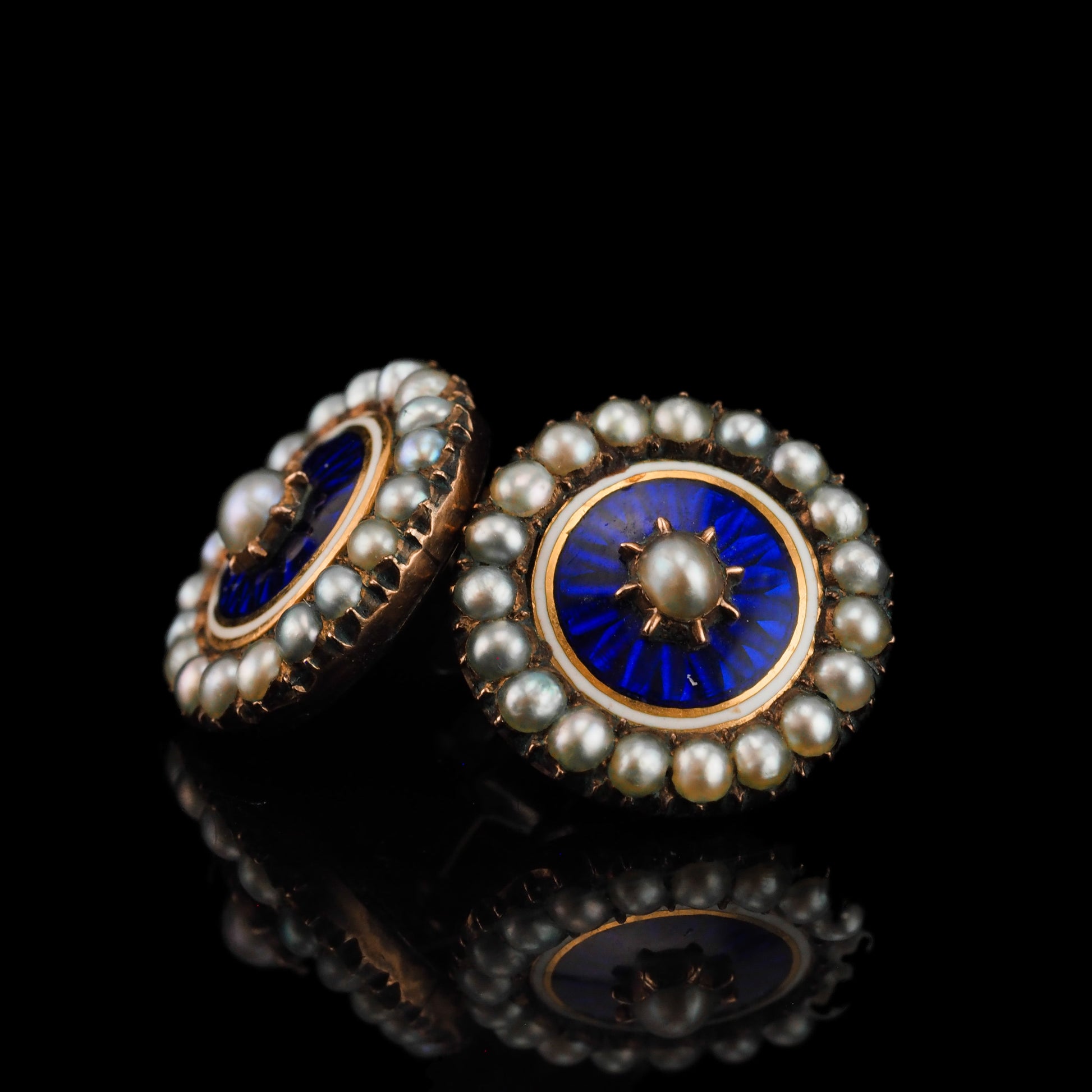 Antique Georgian Gold Earrings with Blue Enamel Guilloche and Seed Pearl Cluster 'Target' Design - c.1800
