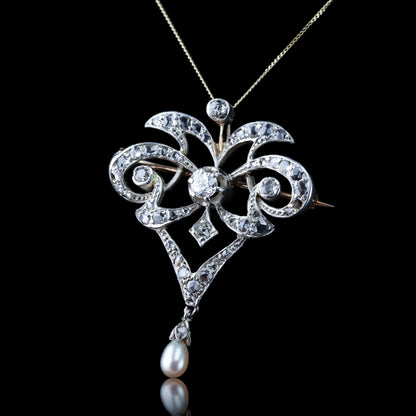 Antique Diamond and Pearl Necklace Lavalier Pendant come Brooch