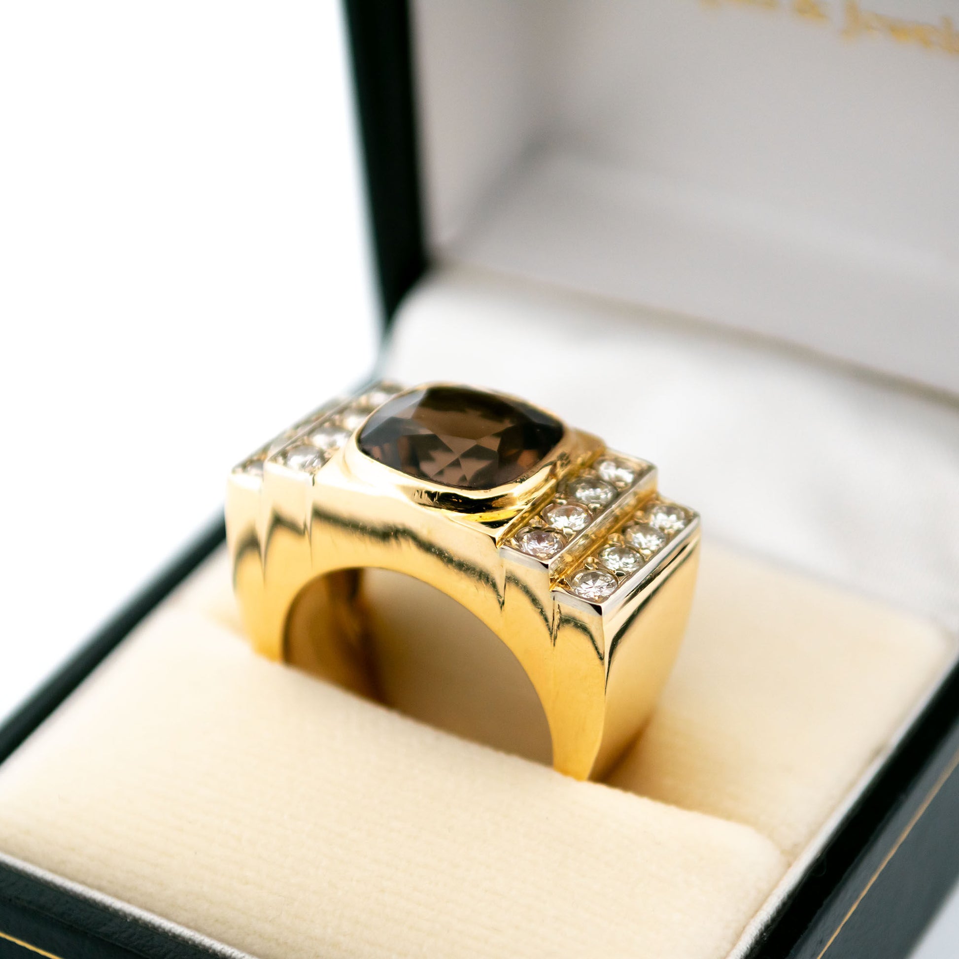 18 Carat Yellow Gold Smokey Quartz and Diamond Tank Style Ring, 5.00 Carats
