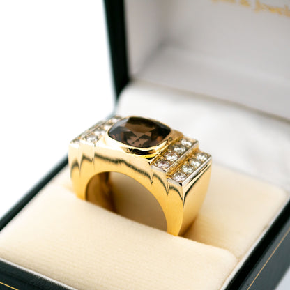 18 Carat Yellow Gold Smokey Quartz and Diamond Tank Style Ring, 5.00 Carats