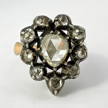Victorian Antique Rose Cut Diamond Heart Shape Cluster Ring