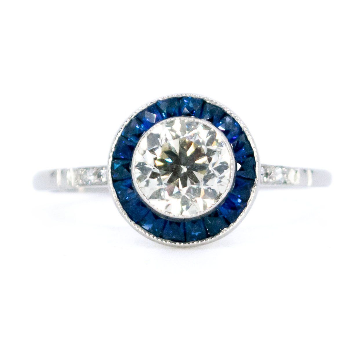 1ct Old European Cut Diamond and Sapphire Halo Target Cluster Ring in Platinum