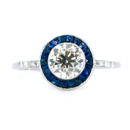 1ct Old European Cut Diamond and Sapphire Halo Target Cluster Ring in Platinum