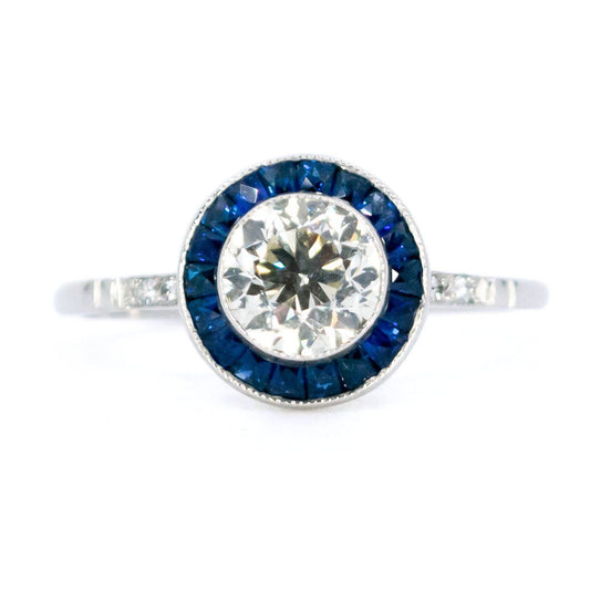 1ct Old European Cut Diamond and Sapphire Halo Target Cluster Ring in Platinum