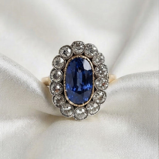 Late Victorian Antique 4.18ct Natural No Heat Ceylon Sapphire and Old Diamond Cluster Engagement Ring