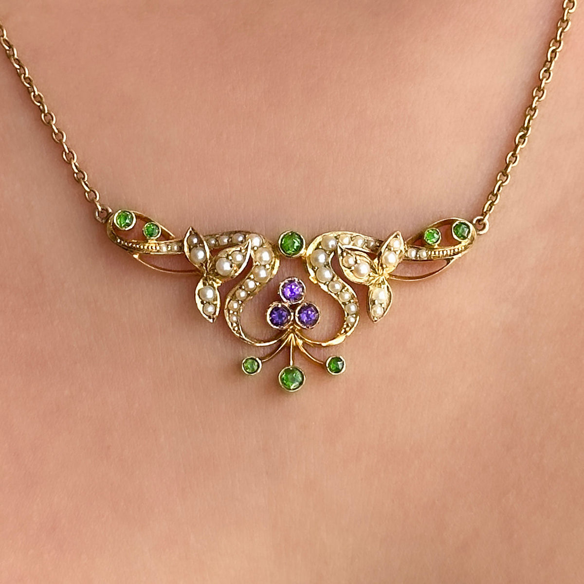 Edwardian Antique Demantoid Garnet Amethyst and Pearl Necklace in 15ct Gold