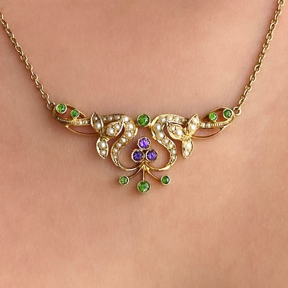 Edwardian Antique Demantoid Garnet Amethyst and Pearl Necklace in 15ct Gold