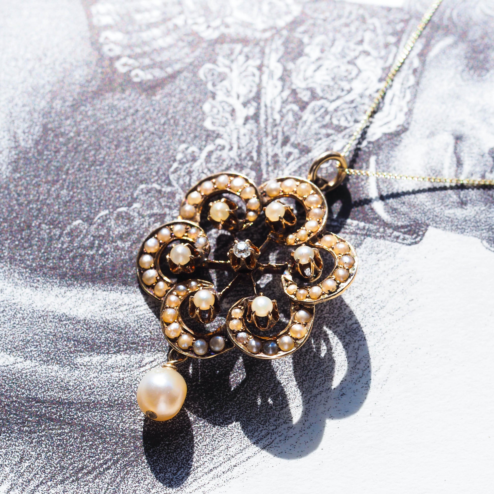 Antique Victorian Diamond & Pearl Pendant Necklace 14K Gold - c.1900