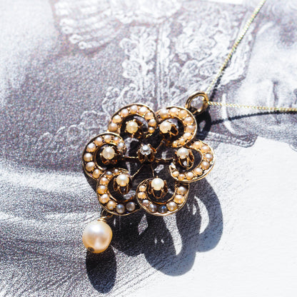 Antique Victorian Diamond & Pearl Pendant Necklace 14K Gold - c.1900