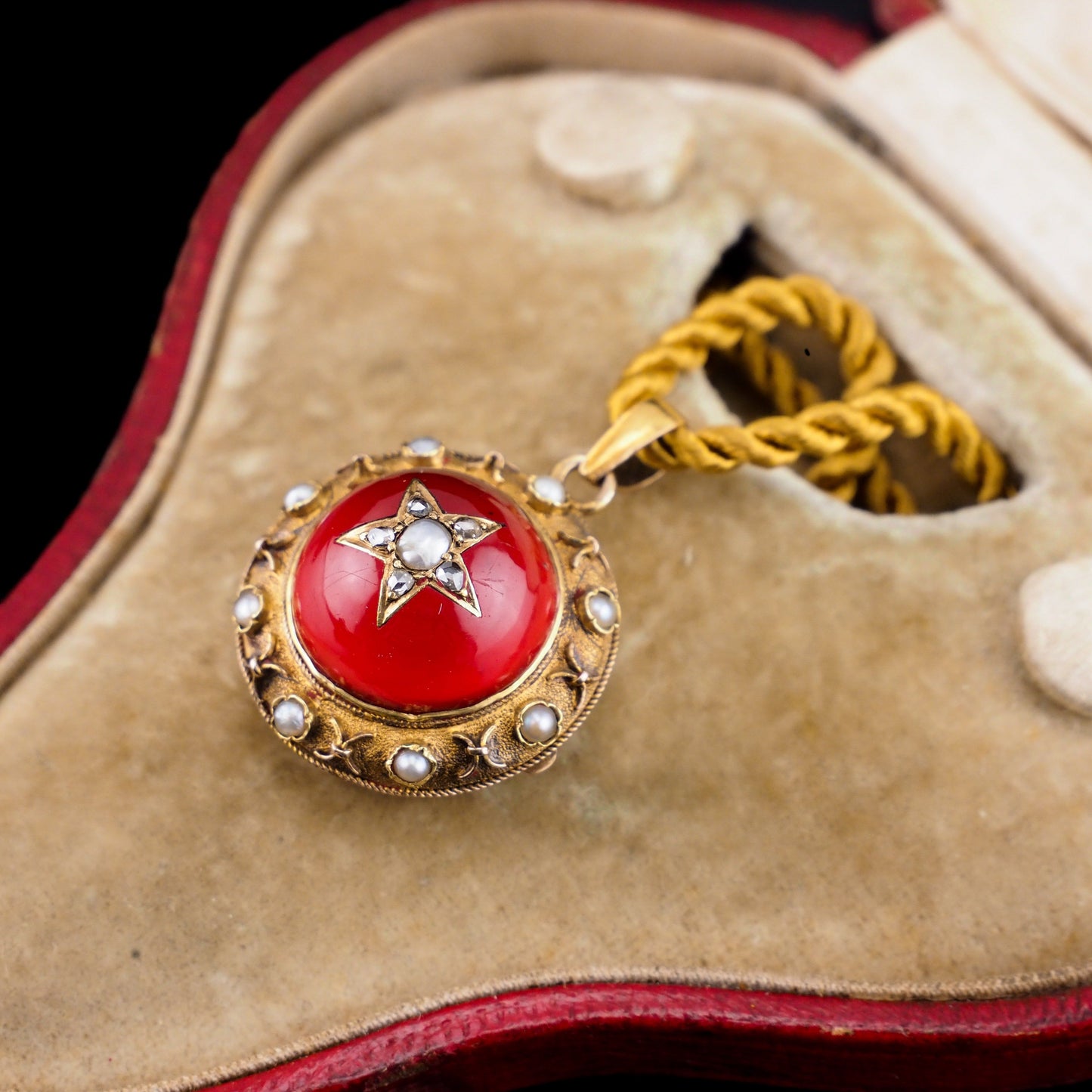 Antique Victorian Diamond & Pearl Star Necklace with Red Rock Crystal Cabochon 15ct Gold - c.1880