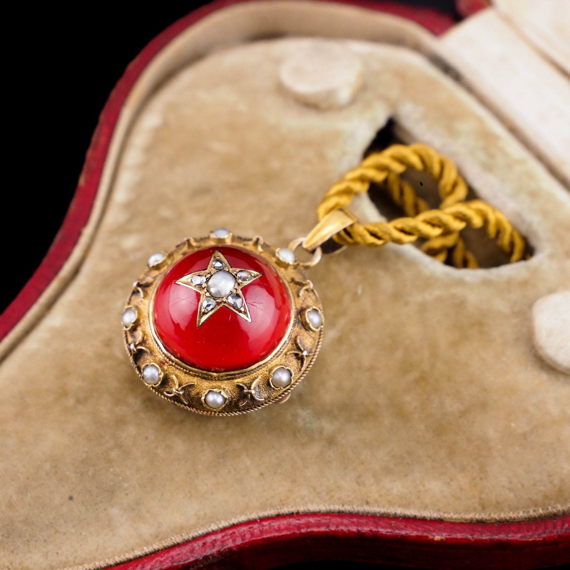 Antique Victorian Diamond & Pearl Star Necklace with Red Rock Crystal Cabochon 15ct Gold - c.1880