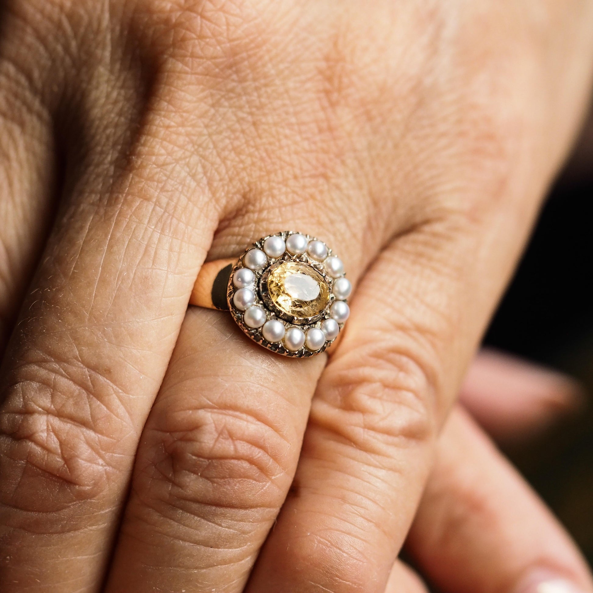Georgian Antique Citrine and Pearl Cluster Ring