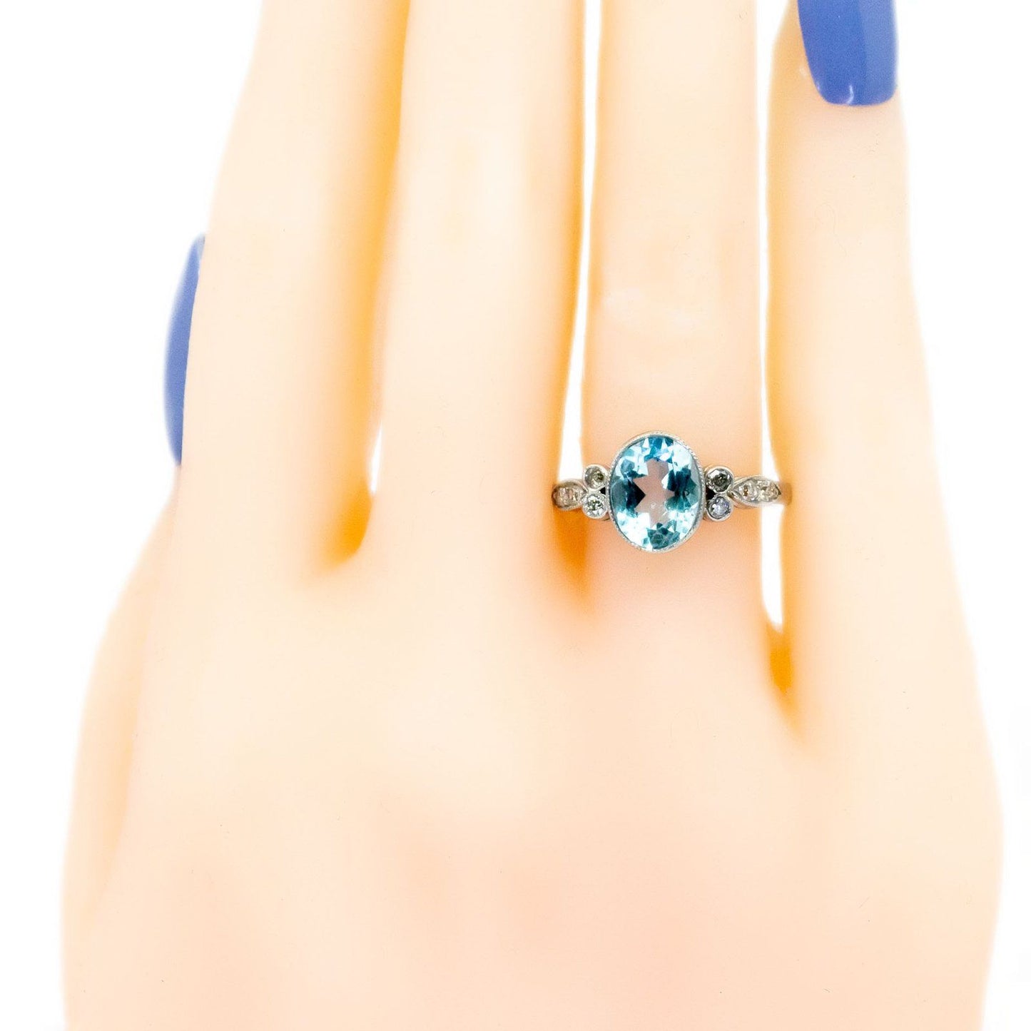 Oval Aquamarine, Old Mine-Cut Diamond and Platinum Ring, 2.30 Carats