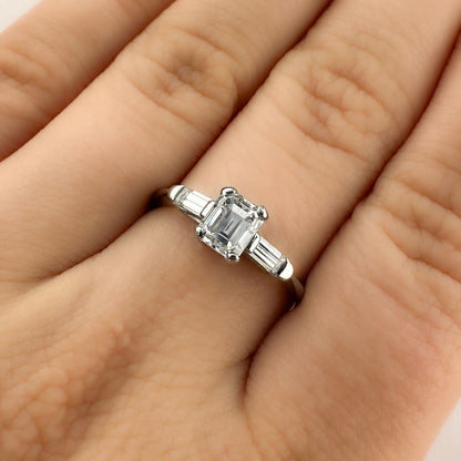 GIA Certified 1.02ct Emerald Cut Diamond and Baguette Diamond Trilogy Engagement Ring in Platinum