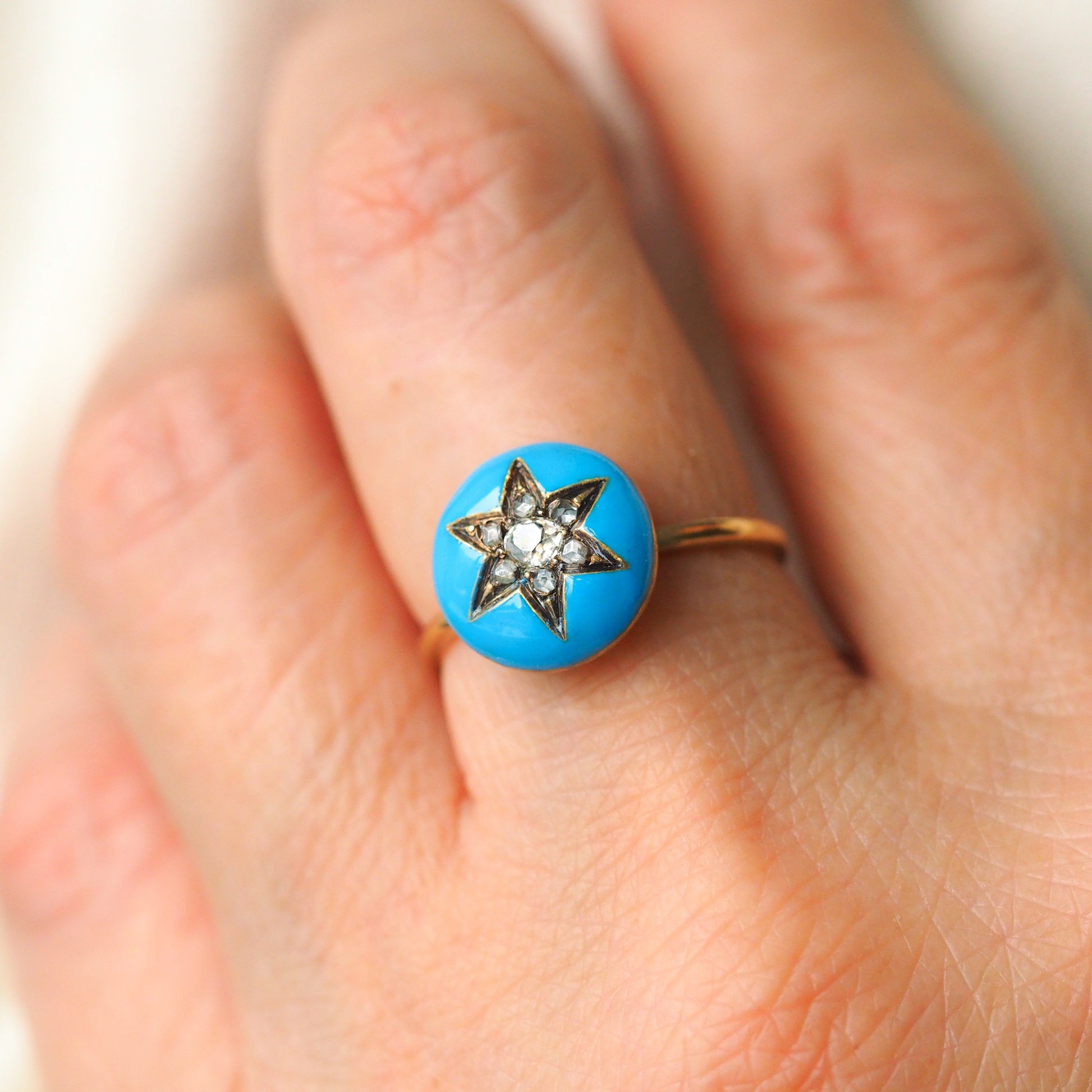 Antique Victorian Diamond Star Ring 9ct Gold Blue Enamel Cabochon - c.1890