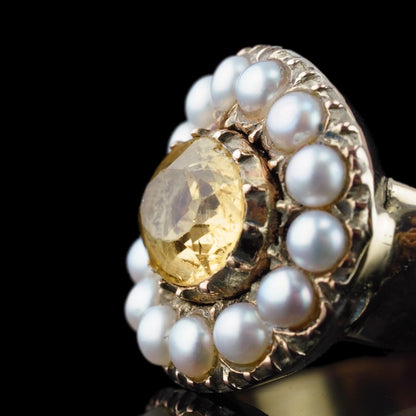 Georgian Antique Citrine and Pearl Cluster Ring
