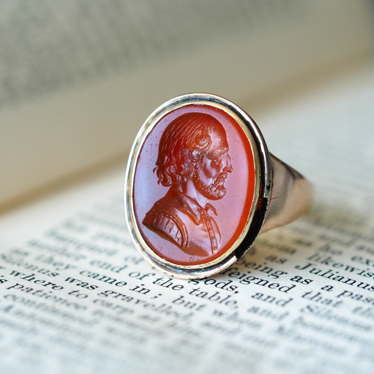 Antique 18K Gold Carnelian Intaglio Ring, Side Profile Gentleman - 19th century.