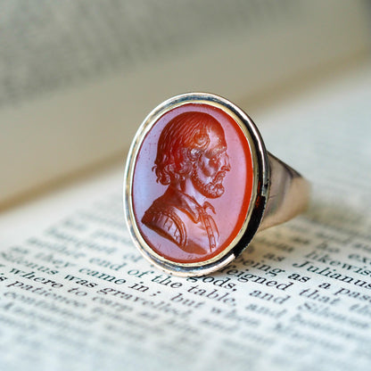 Antique 18K Gold Carnelian Intaglio Ring, Side Profile Gentleman - 19th century.