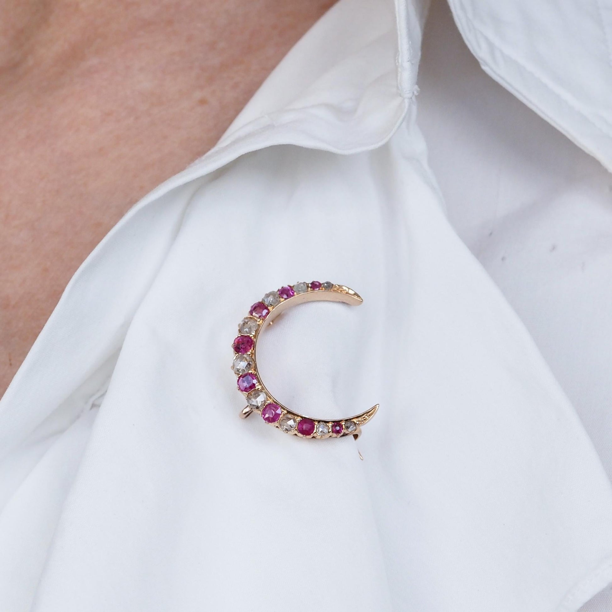 Victorian Antique Victorian Ruby and Old Cut Diamond Crescent Brooch