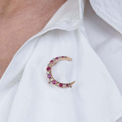 Victorian Antique Victorian Ruby and Old Cut Diamond Crescent Brooch