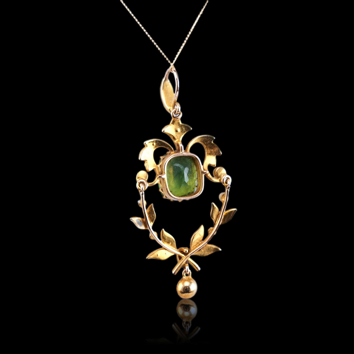 Antique Victorian Peridot Pendant Necklace, Pearls 14K Gold Original Box c.1890