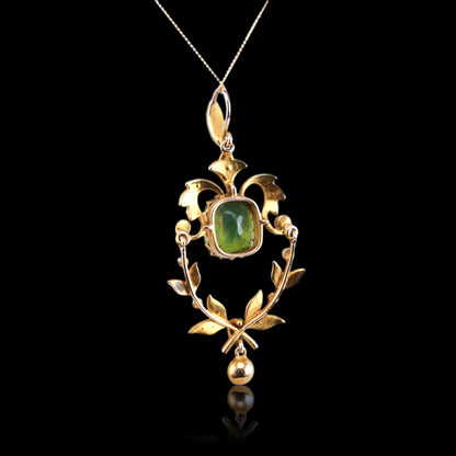 Antique Victorian Peridot Pendant Necklace, Pearls 14K Gold Original Box c.1890