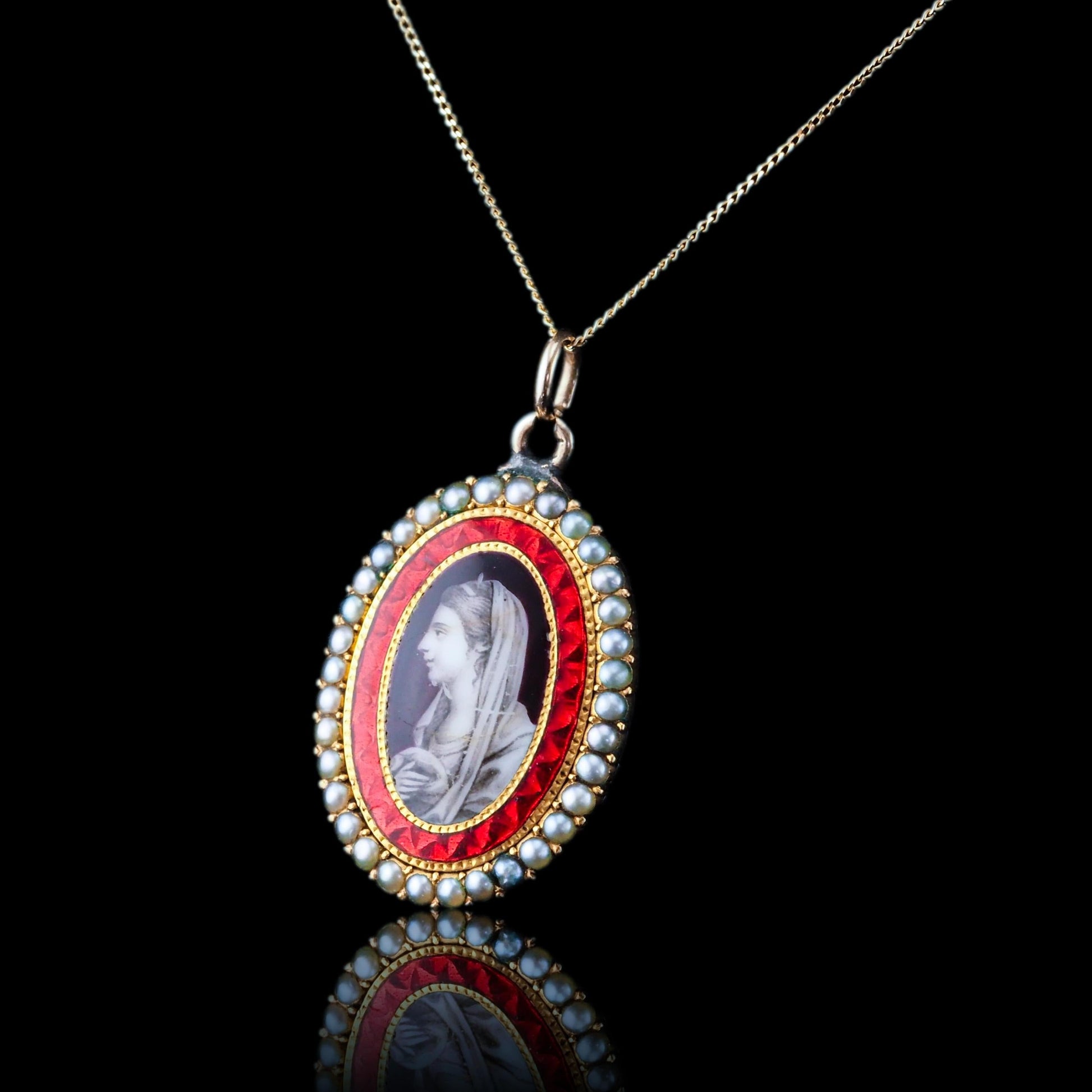 Georgian Antique Sepia Portrait Pendant Necklace with Red Enamel and Pearls, Circa 1800