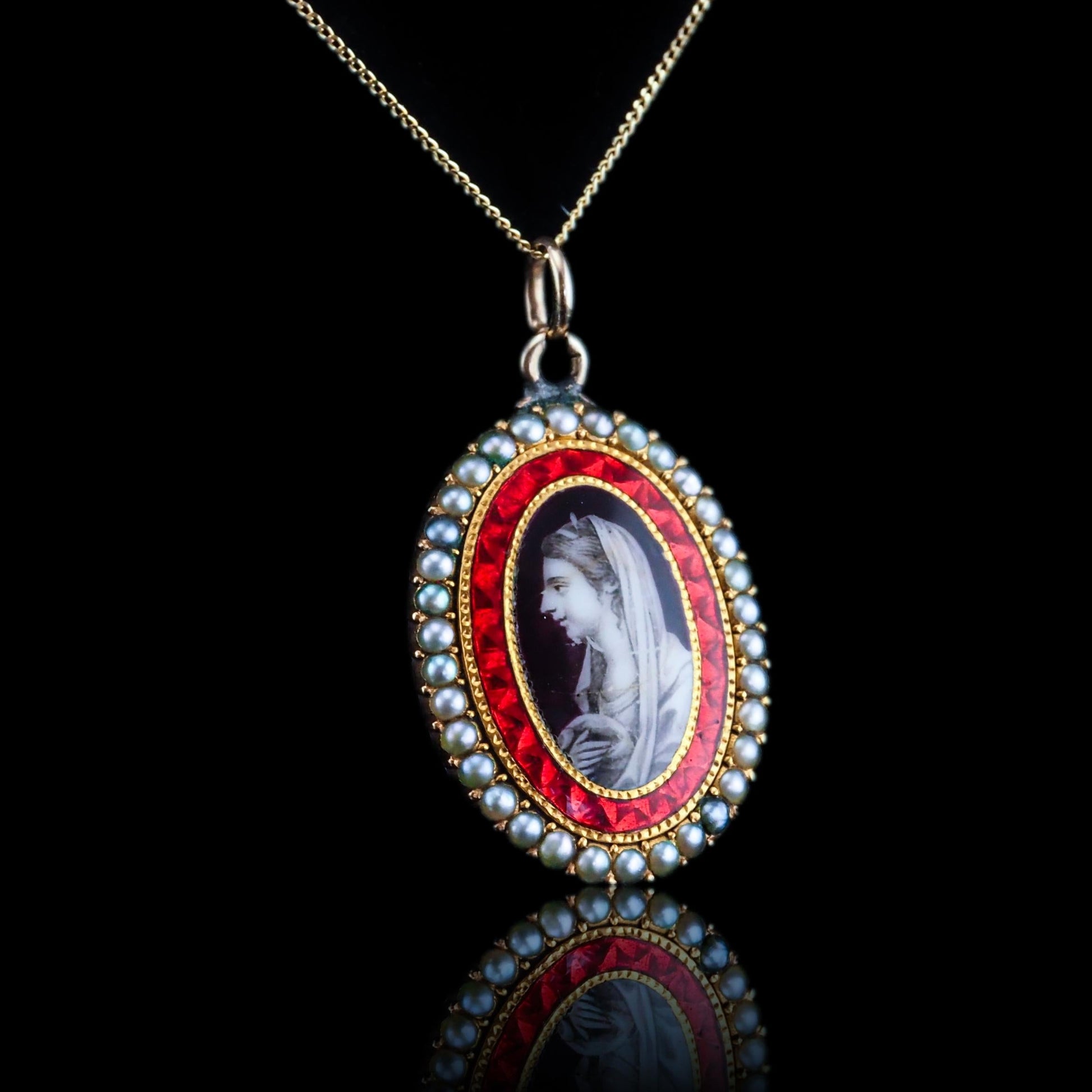 Georgian Antique Sepia Portrait Pendant Necklace with Red Enamel and Pearls, Circa 1800