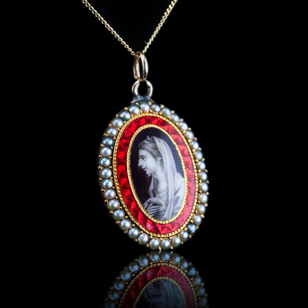Georgian Antique Sepia Portrait Pendant Necklace with Red Enamel and Pearls, Circa 1800