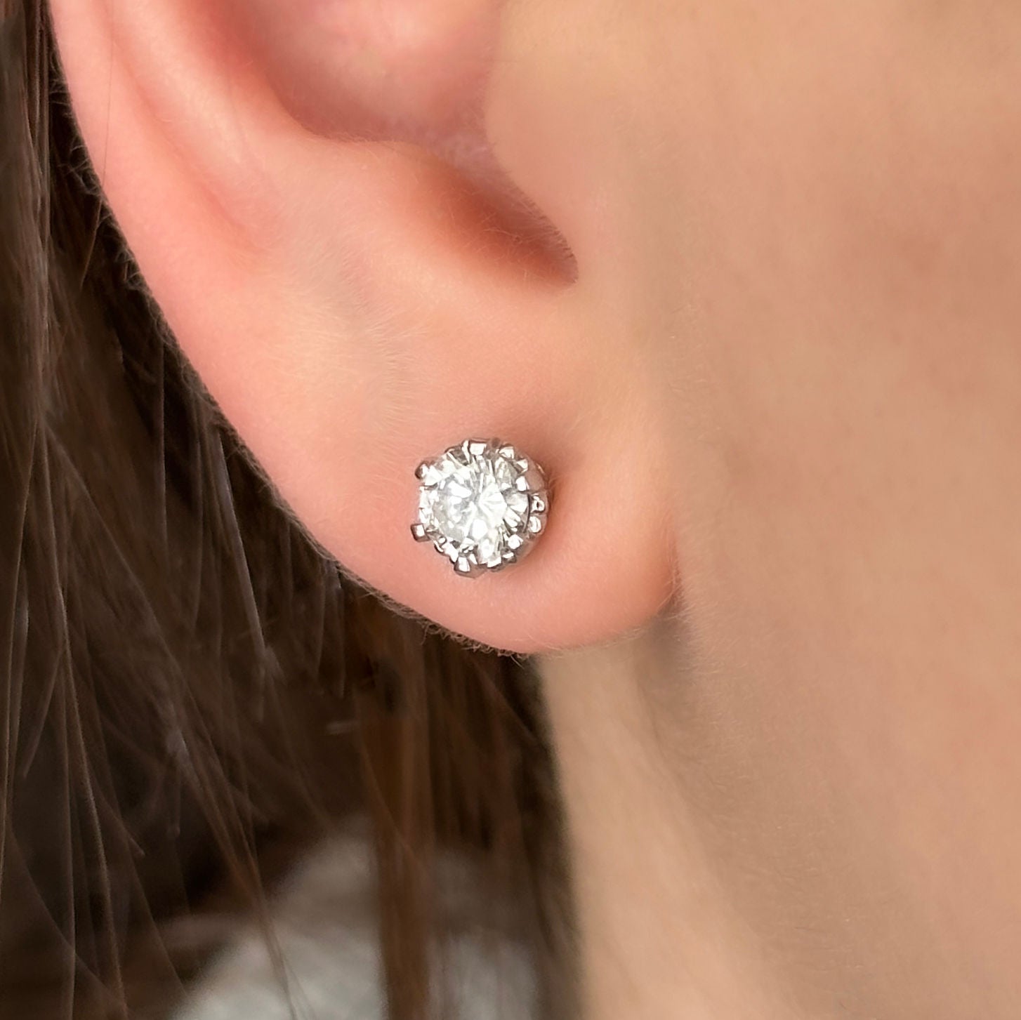 Vintage 1ct Diamond Solitaire Stud Earrings