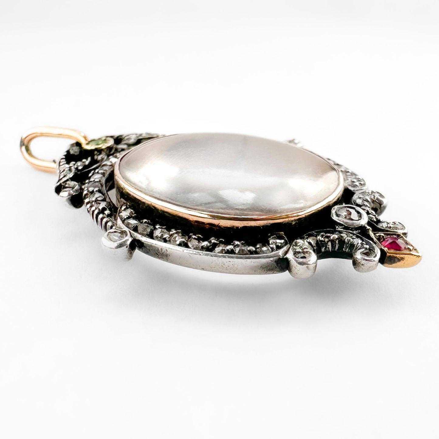 Victorian Antique Rock Crystal and Rose Cut Diamond Cluster Locket Pendant with Emerald and Ruby