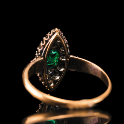 Antique Victorian 18 Carat Gold Emerald Amd Diamond Navette Cluster Ring - circa 1880
