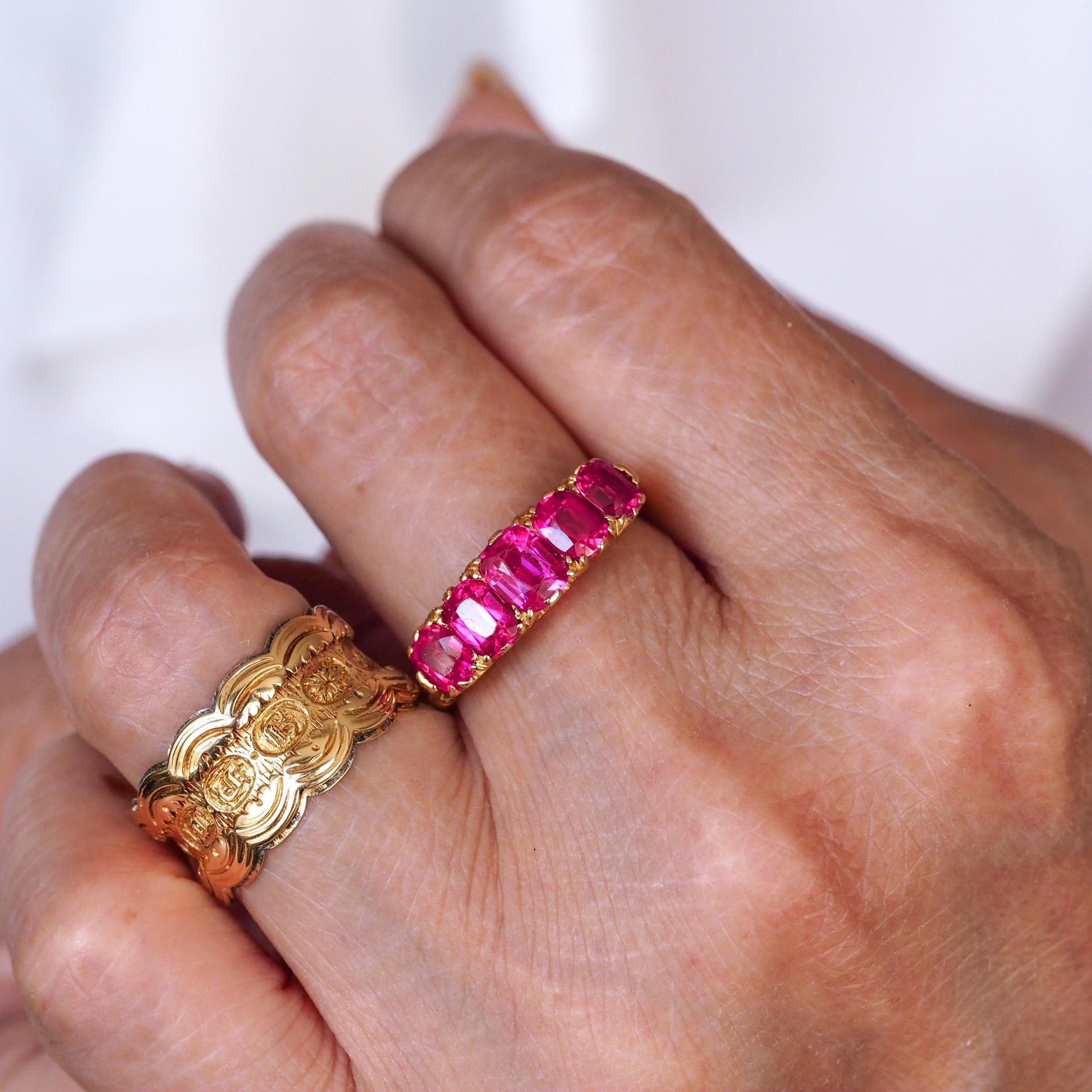 Antique Victorian Ruby Ring 5 Stone Design 18 Carat Gold