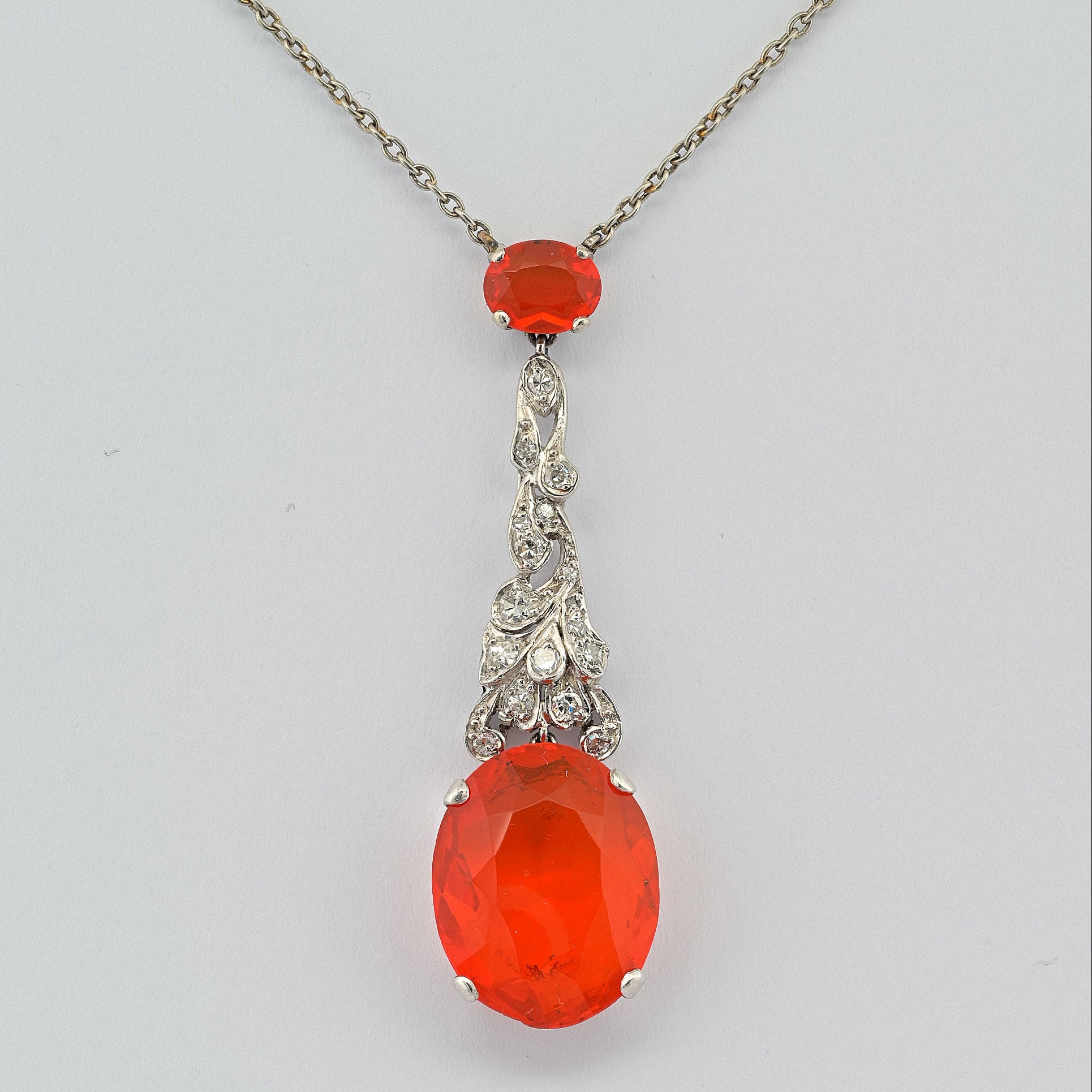 Art Deco 7.70ct Fire Opal and Diamond Pendant Necklace