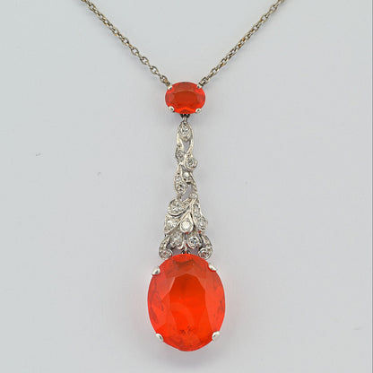 Art Deco 7.70ct Fire Opal and Diamond Pendant Necklace