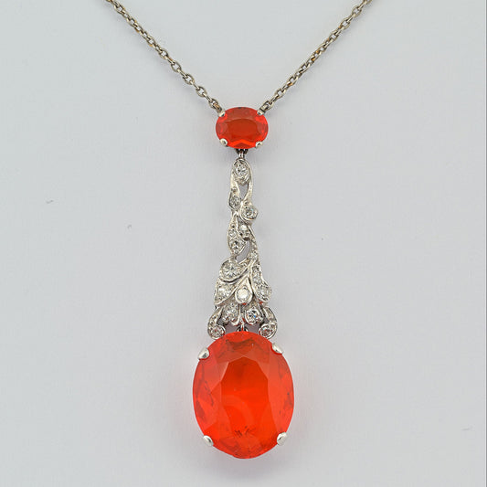 Art Deco 7.70ct Fire Opal and Diamond Pendant Necklace