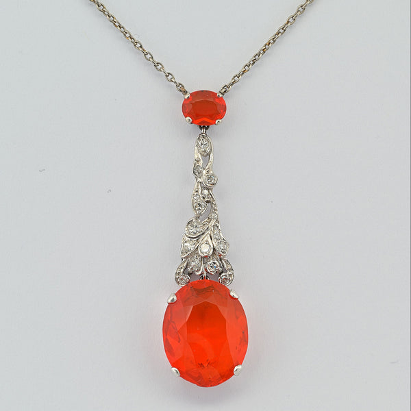 Art Deco 7.70ct Fire Opal and Diamond Pendant Necklace