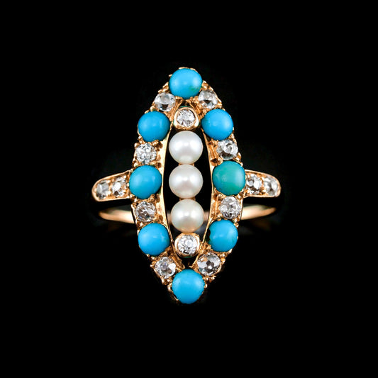Antique Victorian Diamond, Pearl & Turquoise 18ct Gold Ring Navette/Marquise Cluster Design - c.1880
