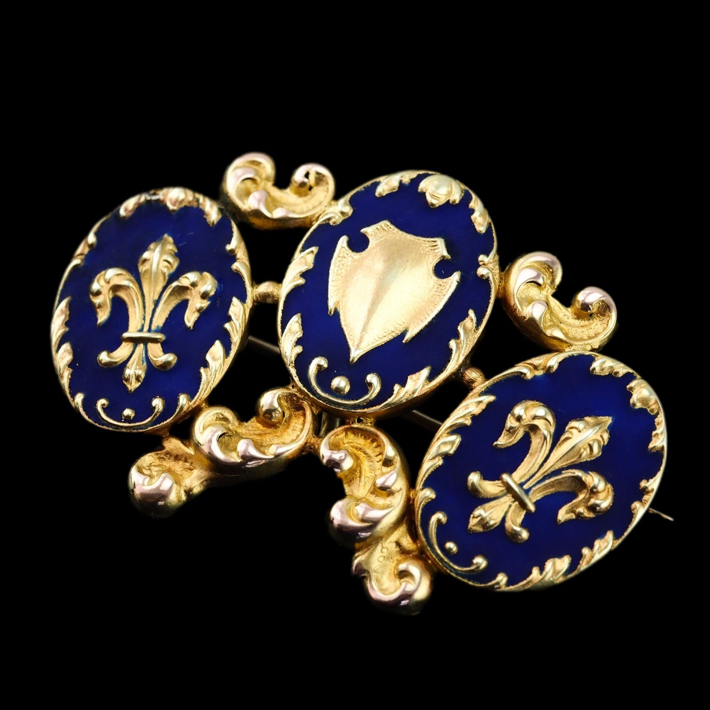 Antique Blue Enamel Fleur de Lys 18ct Gold Brooch in Triple Cartouche Design