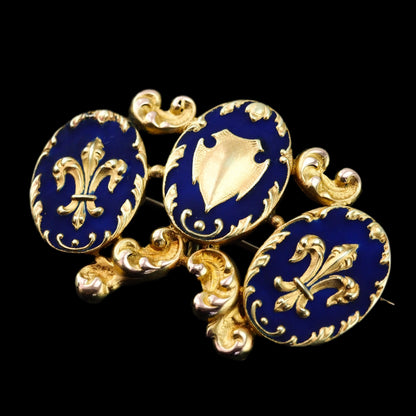 Antique Blue Enamel Fleur de Lys 18ct Gold Brooch in Triple Cartouche Design