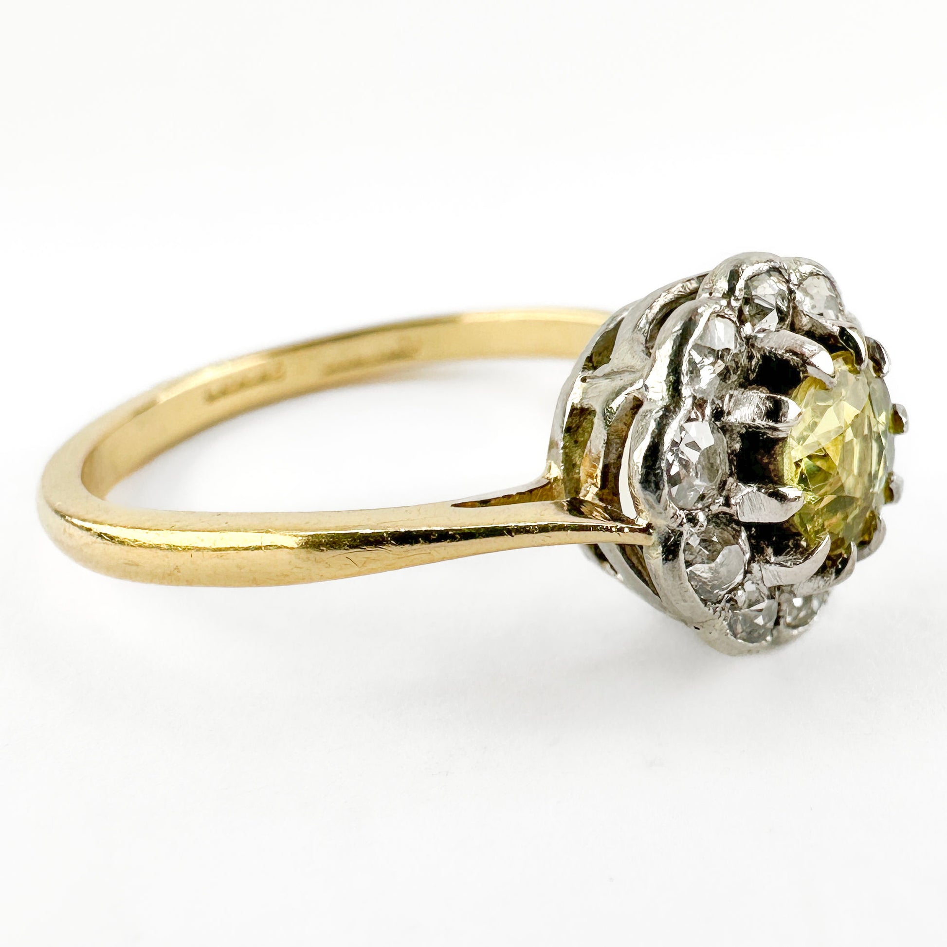 Edwardian Antique Yellow Sapphire and Old Cut Diamond Cluster Engagement Ring
