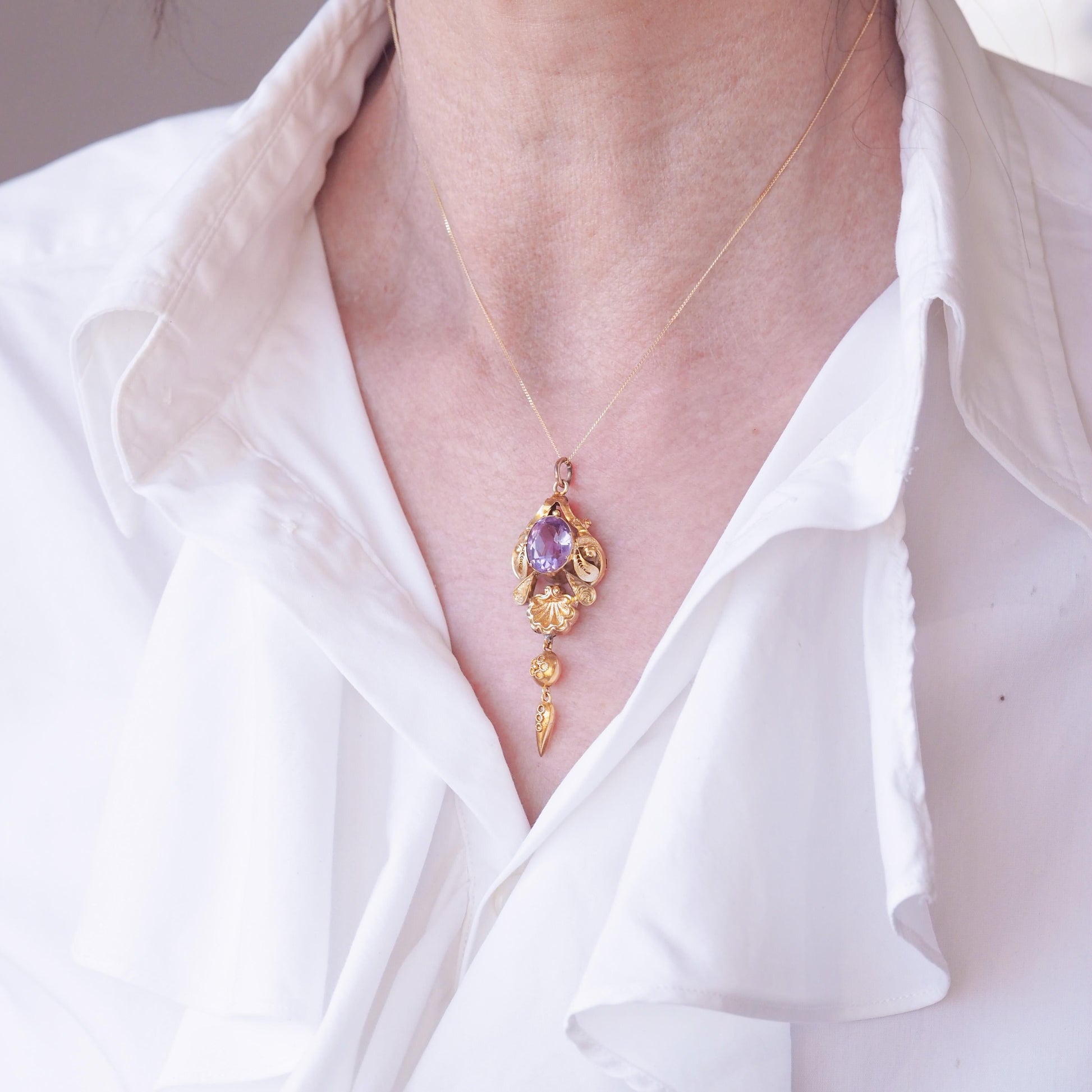 Antique Victorian Amethyst Pendant Necklace 14K Gold - 19th c.